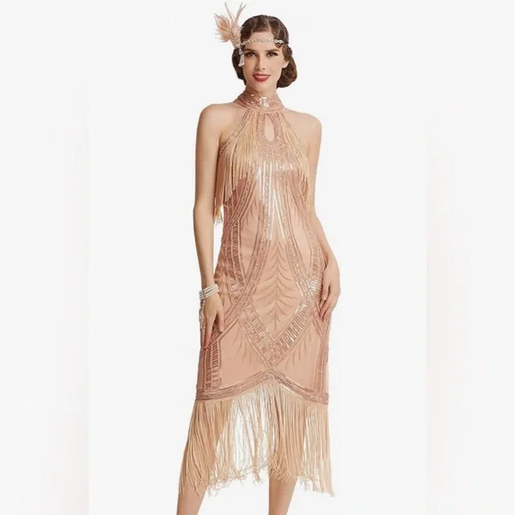rose gold gatsby dress Zapaka Women 1920s Dress Rose Golden Bateau Neck Gatsby Dress With Fringes, Rose Golden / S main image 0